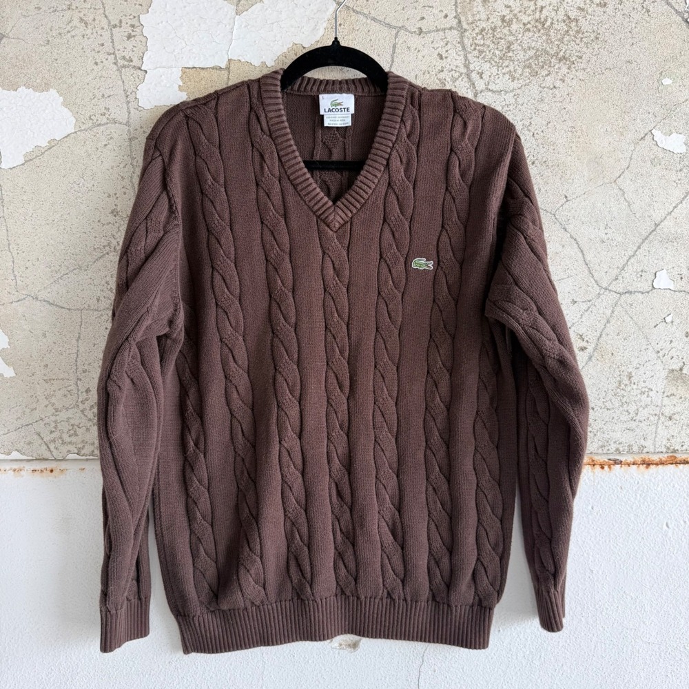 Lacoste Cable Knit Sweater Brown‎ V-Neck Pullover Mens Size 5 Large Classic Prep